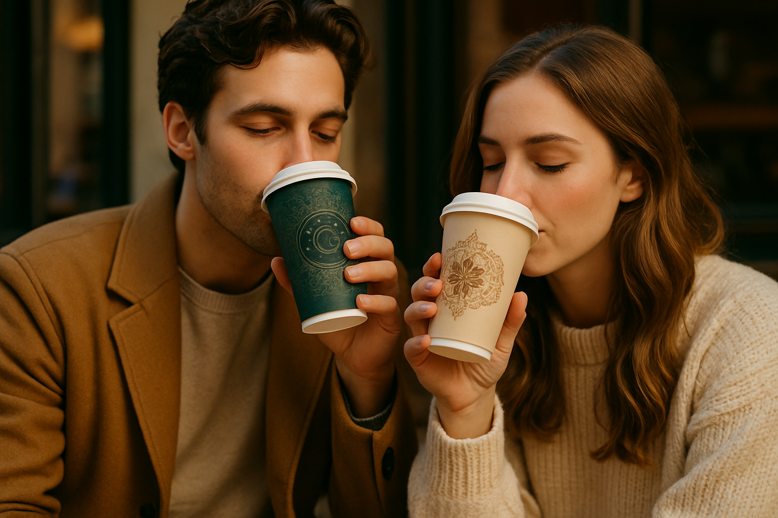 two people sipping on a coffee from a designed paper cup 